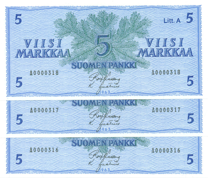 5 Markkaa 1963 Litt.A A000031X kl.9
